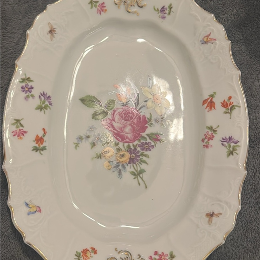 Crown Floral Oval Platter with Gold Accents